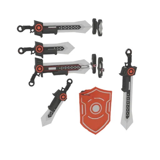 Uma renderização 3D de um conjunto de espada e escudo sci-fi, apresentando duas espadas e um escudo com designs futuristas e