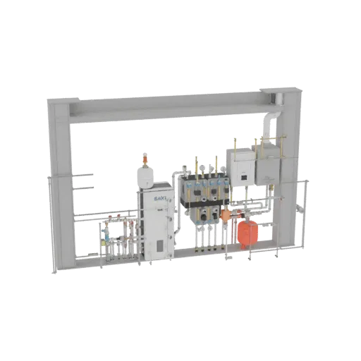 3D model of an industrial boiler and heating system assembly with pipes, valves, and control units.