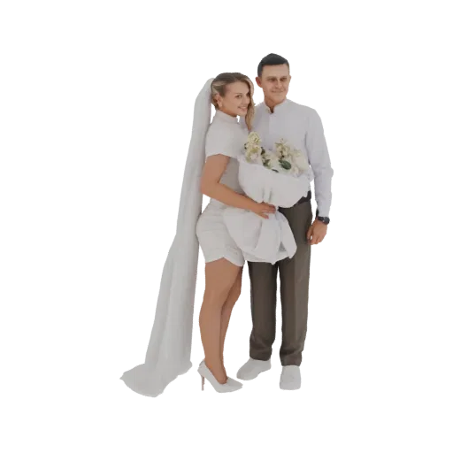 Modelo 3D de una novia y un novio en traje de boda, sosteniendo un ramo, con la novia vistiendo un vestido blanco y velo, y e