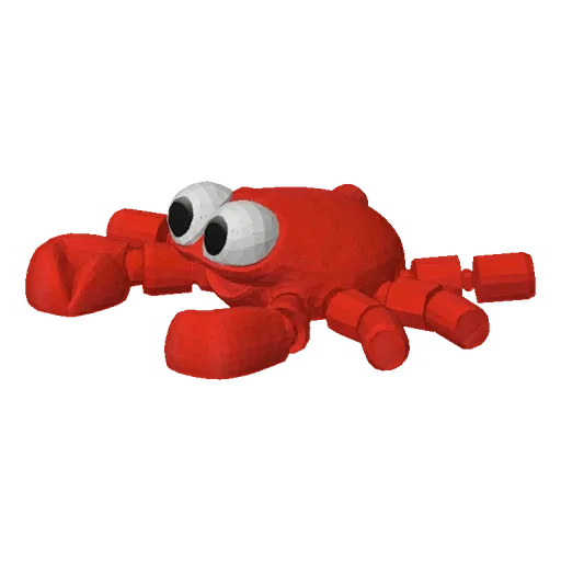 A 3D render of a cute, red clay crab with large, black and white googly eyes and a smiling mouth, set against a black backgro