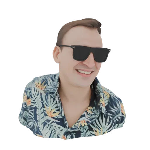3D model render of a smiling man wearing a blue Hawaiian shirt with yellow and white flowers, and black sunglasses.