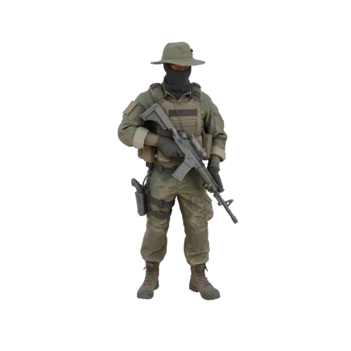3D model of special forces warrior in boonie hat and balaclava holding a rifle