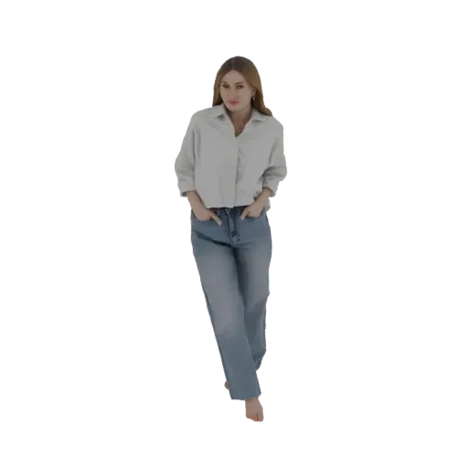 3D model of a woman with long brown hair, wearing a light blue button-up shirt and blue jeans, standing with hands in pockets