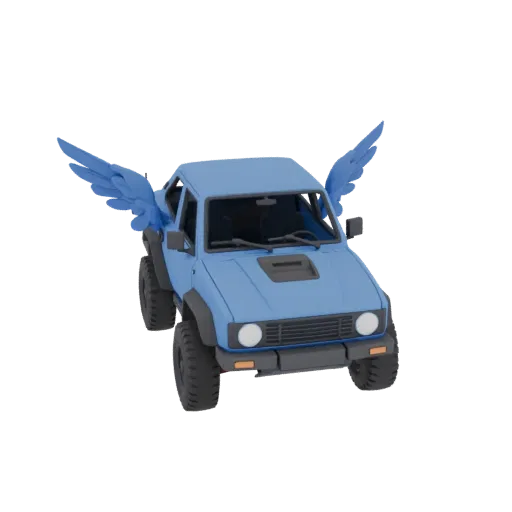 Modelo 3D de SUV azul con grandes alas azules, sobre fondo negro.