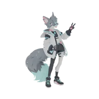 Un render 3D de un personaje zorro antropomórfico con pelaje gris, ojos azules y cola con punta turquesa, vistiendo una chaqu