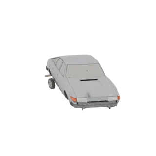 3D-Modell eines hellgrauen Fastback Coupés aus den 1970ern, von vorne im Dreiviertelblickwinkel, mit weißem Hintergrund.