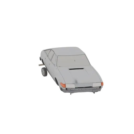 3D model of a light gray 1970s fastback coupe, viewed from a three-quarter front angle, with a white background.