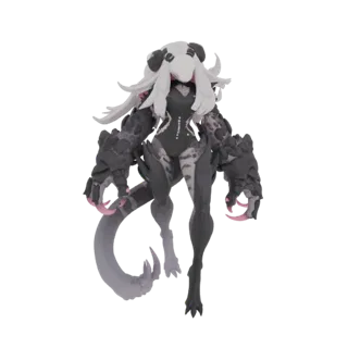 Um modelo 3D de criatura dark fantasy com cabeça de panda, cabelo branco, corpo blindado escuro, garras afiadas com ponta ros