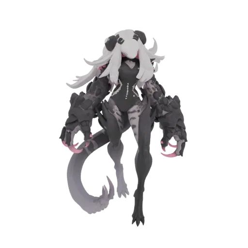 A dark fantasy creature 3D model with a panda-like head, white hair, dark armored body, sharp pink-tipped claws, and a long s