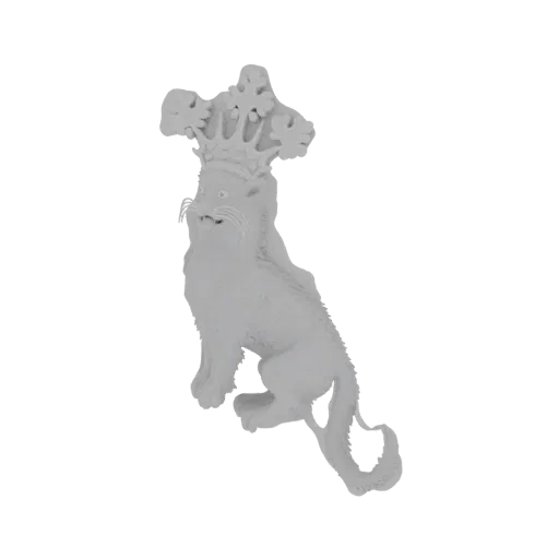 A 3D render of a white, regal feline creature wearing an ornate crown, with its body angled slightly to the left.
