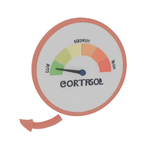 3D render of a cortisol level gauge with a needle pointing to the 'Low' section, indicating stress levels.