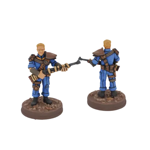 Modello 3D di un soldato sci-fi in uniforme blu, con fucile, in piedi su una base texturizzata.