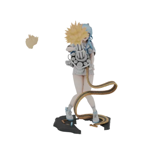 3D model of an anime girl with blue hair, wearing a short skirt and jacket, holding a large gatling gun with a yellow muzzle