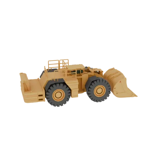 3D-Modell eines gelben Bergbau-Laders für den Untertagebau mit großen Reifen und Frontschild, von der Seite betrachtet.