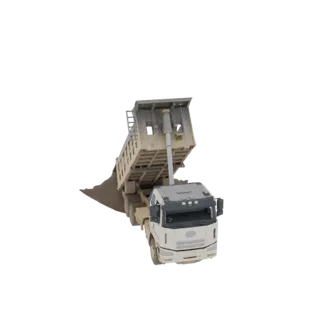 3D model of a white dump truck with its beige cargo bed raised high, spilling gravel onto a pile below, against a white backg