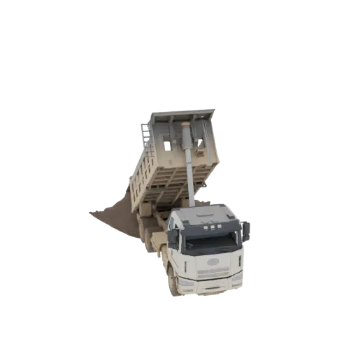 3D model of a white dump truck with its beige cargo bed raised high, spilling gravel onto a pile below, against a white background.