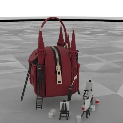 3D model of miniature artists painting a red castle-shaped handbag with turrets and a gold zipper.
