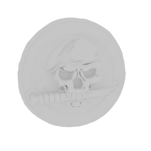 3D model render of a skull wearing a beret and holding a combat knife in its teeth, presented as a circular emblem.