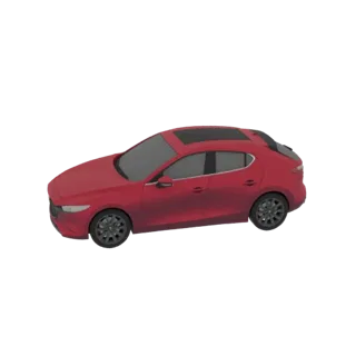 Ein 3D-Render eines roten Mazda 3 Schrägheck mit Schiebedach, aus einem Dreiviertelwinkel betrachtet.