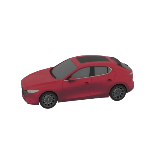 Un rendering 3D di una Mazda 3 hatchback rossa con tetto apribile, vista da un'angolazione a tre quarti.