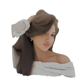Modelo 3D do busto de uma jovem com a mão em seus cabelos castanhos esvoaçantes, vestindo um top ombro a ombro.