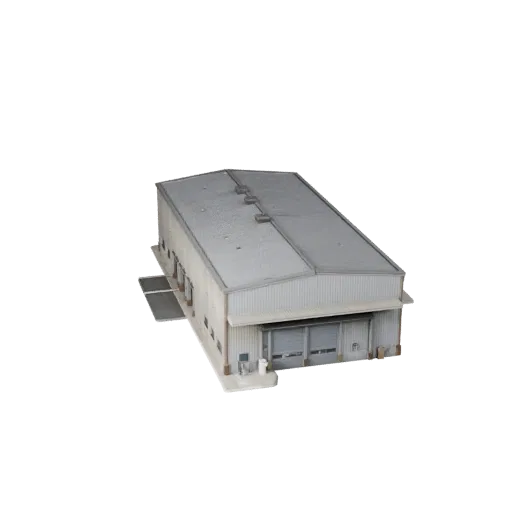 Modello 3D stilizzato di Magazzino Cantiere Navale, vista isometrica di ambiente di gioco stilizzato, che mostra materiali da