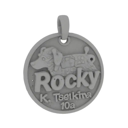 Modèle 3D de médaillon pour chien avec le nom "Rocky" et gravure "K.Tsetkina 10a", représentant un chien stylisé.