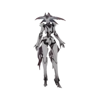 3D model of an elegant alien warrior with intricate white and dark grey armor, standing in a poised stance against a white ba