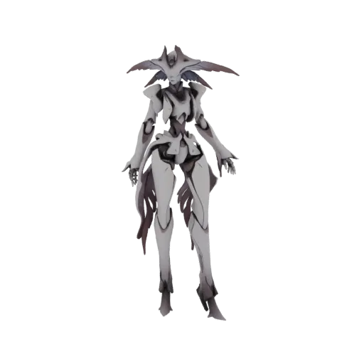 3D model of an elegant alien warrior with intricate white and dark grey armor, standing in a poised stance against a white ba