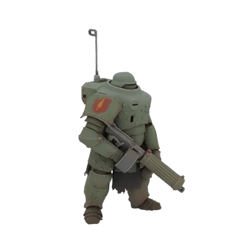 3D model of a heavily armored soldier in green armor, holding a large machine gun, with a red and yellow emblem on the should