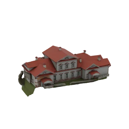 3D model of the Abramtsevo Estate Main House, a historic building with a red roof and white walls, shown from a slightly elev