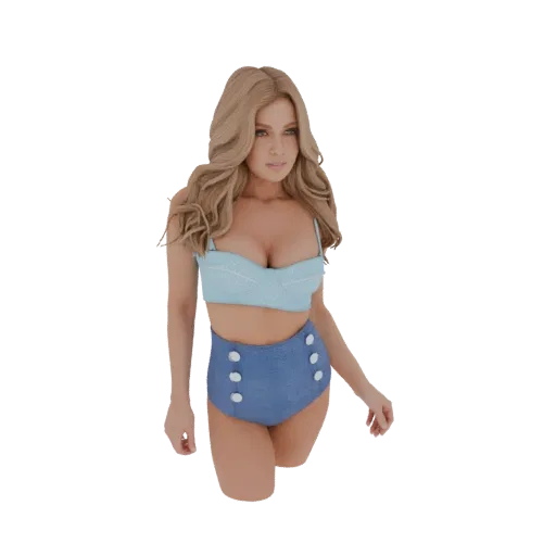 3D model of a blonde pin-up girl in a retro blue polka dot bikini, posing confidently.