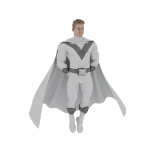 Modelo 3D de superhéroe masculino en traje blanco con emblema gris en V en el pecho y capa blanca fluida, en pose dinámica.