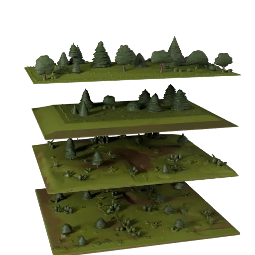 Temperate Forest Biome Modular 3D model, isometric modular kit view, showing terrain layers, terrain detail.