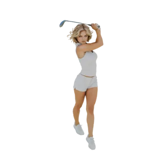Modèle 3D d'une golfeuse en tenue blanche, en plein swing avec un club de golf, sur fond blanc.