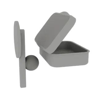 Modelo 3D de dosificador de jabón gris con tapa abierta, mostrando el interior y un soporte de pared lateral.