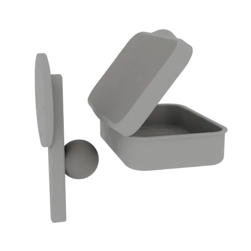 3D model of a gray soap dish with its lid open, showing the interior and a wall-mounting bracket on the side.
