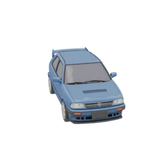 Modello 3D dell'hatchback blu Mazda 323F BG 1992 con spoiler posteriore, vista frontale