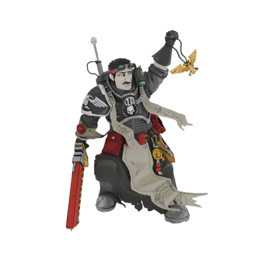 3D model of a Warhammer 40,000 Inquisitor in a dynamic pose, holding a scroll and a chainsaw, with detailed armor.
