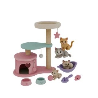 Modèle 3D de jeu pour chat aux couleurs pastel avec une cabane rose et bleue, plusieurs chatons, des gamelles et des jouets.