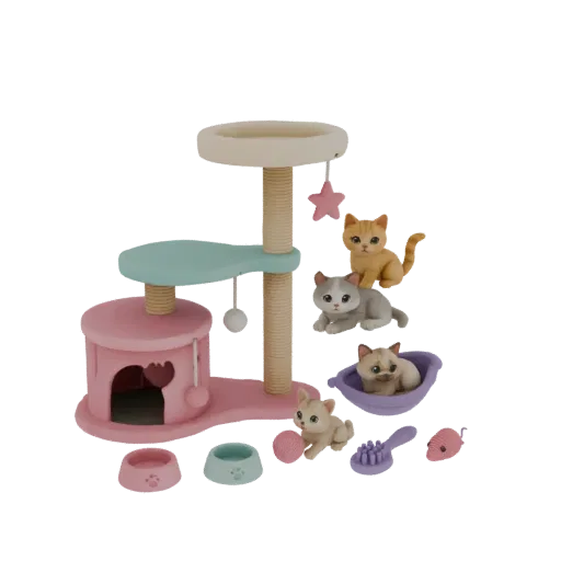 3D model of a pastel-colored cat playset with a pink and blue treehouse, multiple kittens, food bowls, and toys.