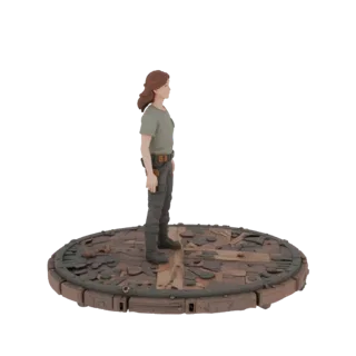 3D-Modell einer Cyberpunk-Figur für Damen auf einer runden Plattform mit Metall- und Holzelementen.