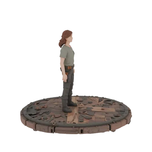 3D-Modell einer Cyberpunk-Figur für Damen auf einer runden Plattform mit Metall- und Holzelementen.