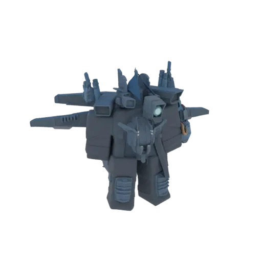 3D render of a dark grey sci-fi mech suit with blue accents, featuring shoulder cannons and a central optical sensor, against