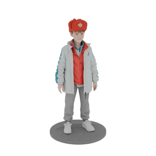 3D model of a young boy wearing a red hat and winter jacket, standing on a grey base.