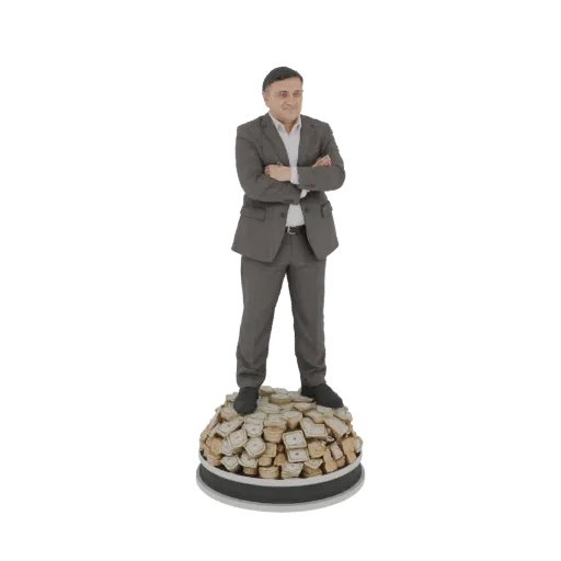 3D model of a businessman in a grey suit with arms crossed, standing on a pile of money, on a black circular base.