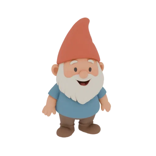 A 3D render of a cheerful garden gnome with a red hat, blue shirt, and white beard, standing against a white background.