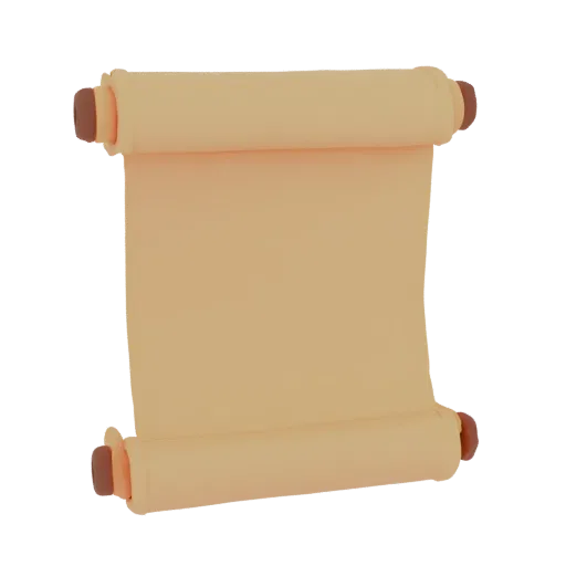 3D model of a rolled parchment scroll with brown holders, on a white background
