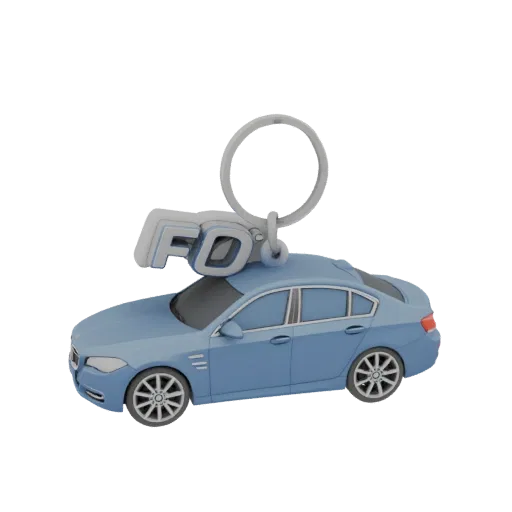 3D model of a blue BMW 5 F10 car keychain with FD logo