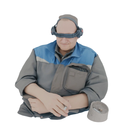 Man in Work Clothes with VR Goggles and Cigarette